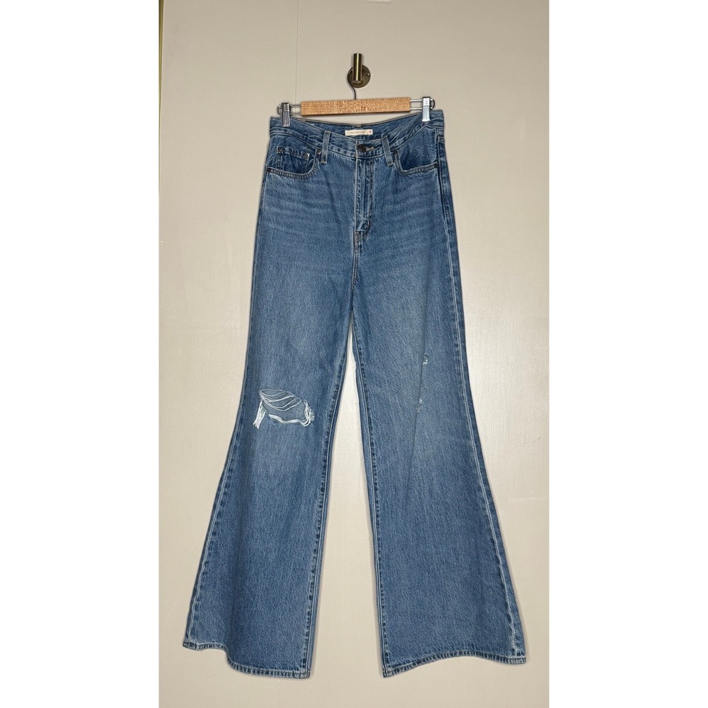 Levi's Premium High Loose Flare Jeans 28 Medium Wash Distressed Wide Leg Denim